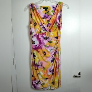 Lauren Ralph Lauren (Sz 14) Multicolored Floral Pattern Stretch Wrap Midi Dress